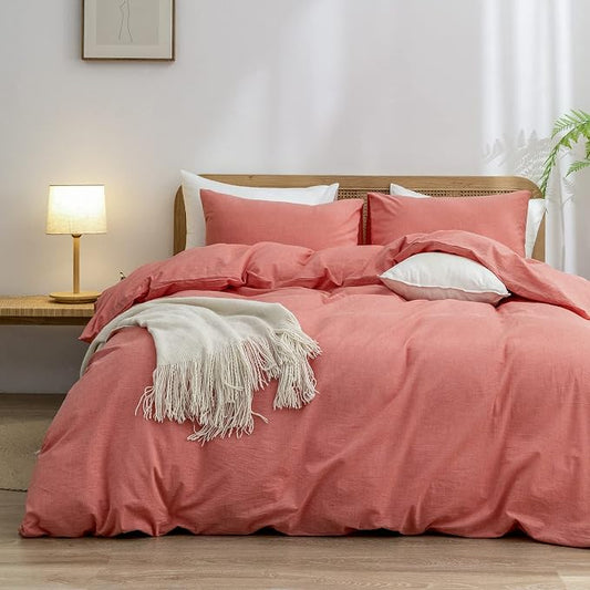 BESTOUCH Duvet Cover Set 100% Washed Cotton Linen Feel Super Soft Comfortable Chic Lightweight 3 PCs Home Bedding Set Solid Orange Queen