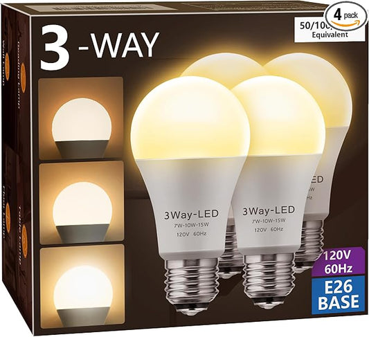 Briignite LED Light Bulbs, 3 Way Light Bulbs 50 100 150W Equivalent, 3 Way Light Bulb, Three Way A19 E26 Medium Base, Warm White 3000K, 600lm-1200lm-1600lm, 4 Pack
