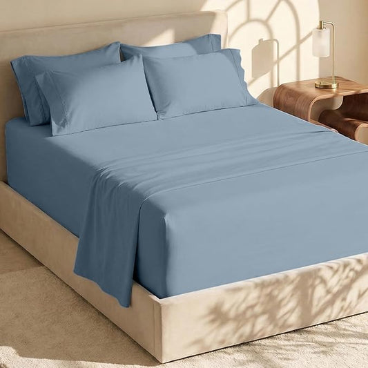 Hearth & Harbor Bed Sheets, Luxury Soft 6 Piece Bed Sheet Set Extra Deep Pocket Fitted Sheets Fits Mattress up to 21", Double Brushed Bedding Sheets & Pillowcases, Split King, Soft Blue
