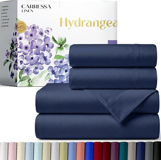 Carressa Linen 100% Egyptian Cotton Queen Sheet Set - 600 Series Hydrangeas Collection Egyptian Cotton Queen Sheets Set (4 PC, Navy Blue), 16" Deep Pocket Sateen Weave Luxury Hotel Bed Sheet