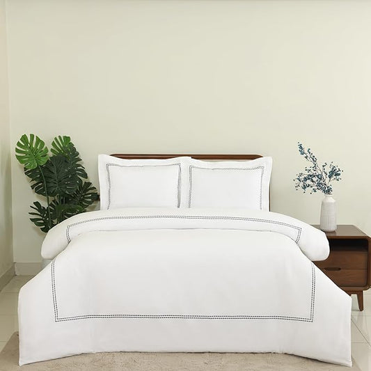 Dreamology White Duvet Cover Luxury Hotel Quality Bedding Set 100% Cotton Embroidered Duvet Covers with 2 Pillow Shams Hypoallergenic Zipper Closure 3 Pieces Duvet Set (Grey T-200, Full)