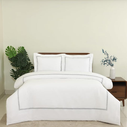 Dreamology White Duvet Cover Luxury Hotel Quality Bedding Set 100% Cotton Embroidered Duvet Covers with 2 Pillow Shams Hypoallergenic Zipper Closure 3 Pieces Duvet Set (Grey T-200, Queen)