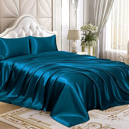Homiest 4pcs Satin Sheets Set Luxury Silky Satin Bedding Set with Deep Pocket, 1 Fitted Sheet + 1 Flat Sheet + 2 Pillowcases (Full Size, Dark Teal)