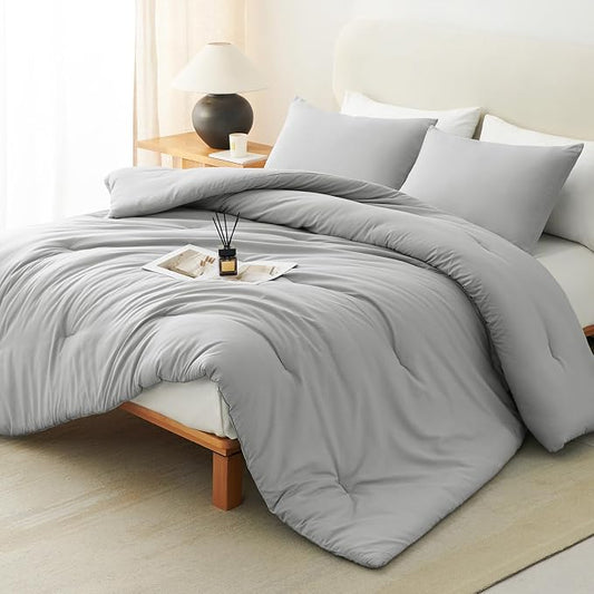 CozyLux King Size Comforter Set Light Grey, 3 Pieces Solid Comforters King Size Breathable Bedding Sets, Light Gray Luxury Soft Lightweight Bed Set with Down Alternative Comforter and 2 Pillowcases