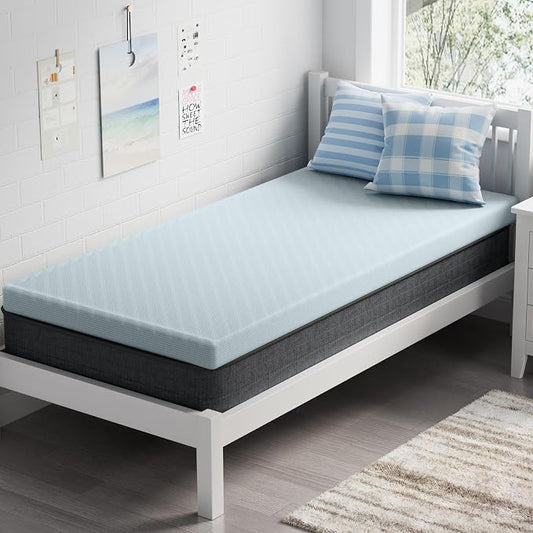 OhGeni 3 Inch Twin Size Memory Foam Mattress Topper Pad with Cover, Egg Crate Foam with Anti-Slip Base, Enhanced with Cooling Gel，Removable & Washable，College Dorm Room Essential