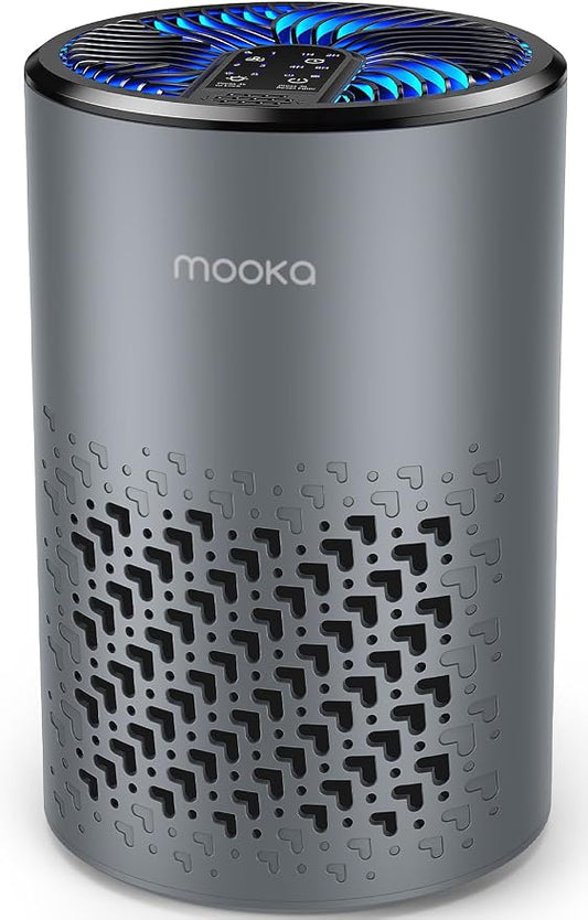 Air Purifiers for Bedroom Home, MOOKA HEPA Air Purifier for Home Pets with Fragrance Sponge for Smoke Dust Pollen Dander Odor, Small Air Cleaner with Sleep Mode Night Light Timer, KJ067L (Grey)