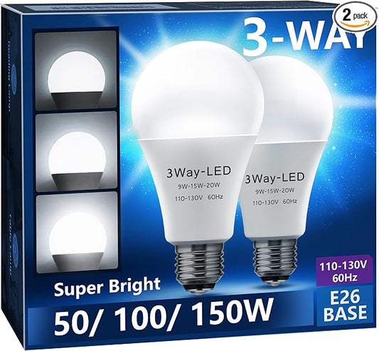 Briignite 3 Way LED Light Bulbs 50-100-150W Equivalent Daylight White 5000K, 3-Way A21 LED Light Bulb E26 Medium Base, 600LM-1250LM-1850LM, Perfect for Table Lamp, Floor Lamp, Desk Lamp, 2 Pack