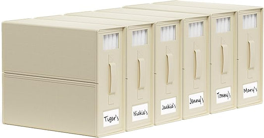 SheetCube Bed Sheet Organizers and Storage 6 Pack, Foldable Linen Closet Organizer with Window and Label, Bedding Folder Storage Box Container for Blanket, Duvet Cover Set, Bed Sheet Set - Beige