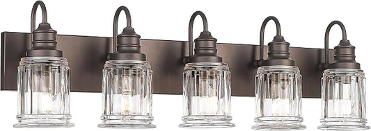 5 Light Bathroom Vanity Light - HWH Farmhouse Vanity Lights for Bathroom Wall Light Fixtures Over Mirror Oil-Rubbed Bronze, Bell-Shaped Fluted Clear Glass, 5HZG106B-5W ORB