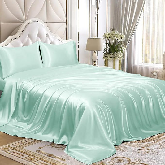 Homiest 4pcs Satin Sheets Set Luxury Silky Satin Bedding Set with Deep Pocket, 1 Fitted Sheet + 1 Flat Sheet + 2 Pillowcases (Full Size, Mint Green)