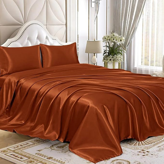 Homiest 3pcs Satin Sheets Set Luxury Silky Satin Bedding Set with Deep Pocket, 1 Fitted Sheet + 1 Flat Sheet + 1 Pillowcases (Twin Size, Burnt Orange)