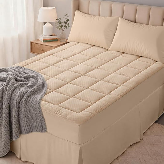 OLANLY King Quilted Fitted Mattress Pad, Elastic Fitted Mattress Topper, Cooling Soft Mattress Cover Stretches up to 21 Inches Deep, Machine Washable Mattress Protector (78x80 inch, Beige)