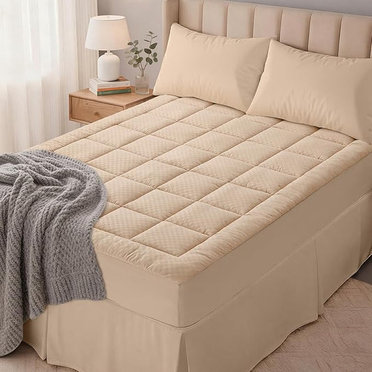 OLANLY Twin Quilted Fitted Mattress Pad, Elastic Fitted Mattress Topper, Cooling Soft Mattress Cover Stretches up to 21 Inches Deep, Machine Washable Mattress Protector (39x75 inch, Beige)