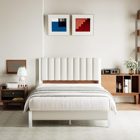 Avenco Queen Size Bed Frame with Velvet Upholstered Piano Keys Headboard, Metal Platform Bed Frame with Metal Slats for Bedroom Furniture, White