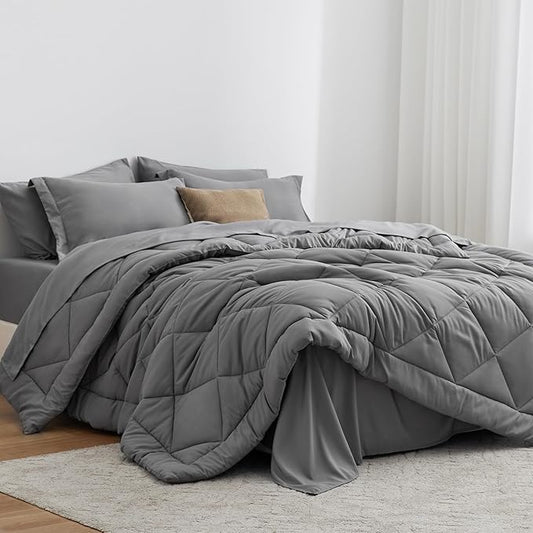 Love's cabin King Size Comforter Set Grey, 7 Pieces King Bed in a Bag, All Season Bedding Sets with 1 Comforter, 1 Flat Sheet, 1 Fitted Sheet, 2 Pillowcase and 2 Pillow Sham | Soft, Breathable, Lightweight, Comfortable