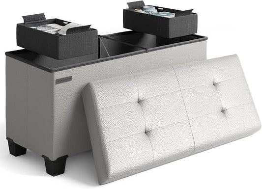 Storage Ottoman Bench with Bins, 30-in Storage Bench for Bedroom End of Bed, Folding Foot Rest Ottoman for Living Room Max 660lbs, Leather Ottomans, Light Grey