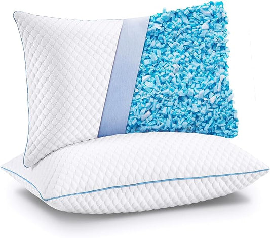 VVZ Cooling Bed Pillows Standard Size Set of 2,Shredded Memory Foam Pillows with Gel, Adjustable Firmness for Side, Back, Stomach Sleepers, 20x26, White