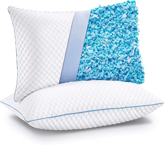 VVZ Cooling Bed Pillows King Size Set of 2, Shredded Memory Foam Pillows for Side Back Stomach Sleepers, Luxury Cool Gel Adjustable Firm Bed Pillows for Sleeping 2 Pack King Size 20 x 36 Inches