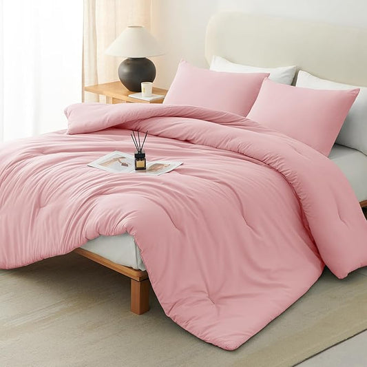CozyLux Queen Comforter Set Pink, 3 Pieces Solid Comforters Queen Size Breathable Quilted Bedding Sets, Luxury Soft Lightweight Bed Set with Down Alternative Comforter and 2 Pillowcases All Seasons