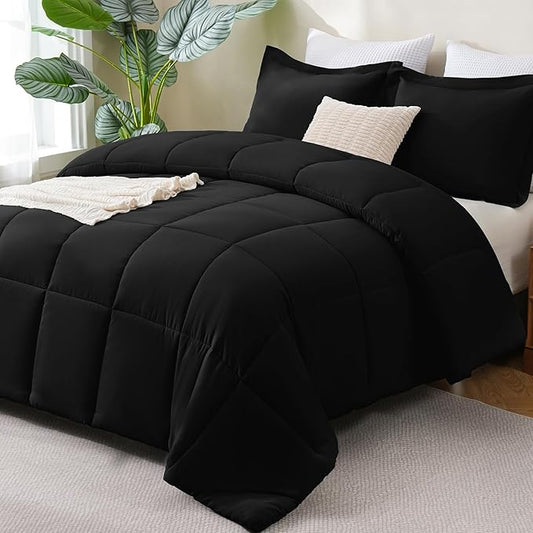 CozyLux Oversized Queen Comforter Set, 270GSM Black Bedding Sets for All Seasons, 3 Pieces 98x98 Bed Set with 1 Down Alternative Comforter and 2 Pillow Shams, Soft, Lightweight, Breathable