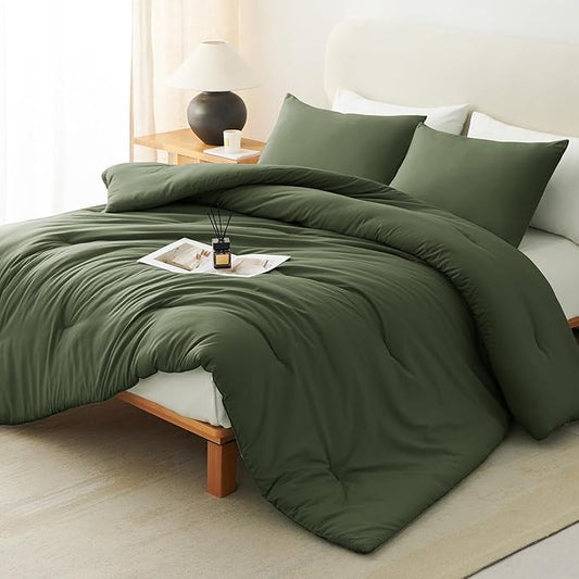 CozyLux King Size Comforter Set Olive Green, 3 Pieces Solid Comforters King Size Breathable Quilted Bedding Sets, Luxury Soft Lightweight Bed Set with Down Alternative Comforter and 2 Pillowcases