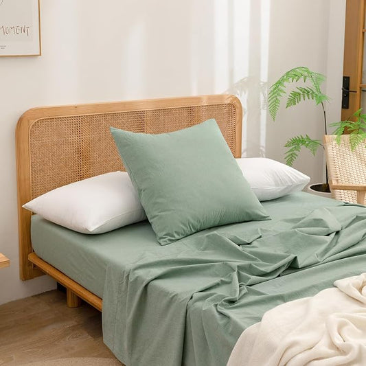 BESTOUCH 100% Washed Cotton Pillowcase for Hair and Skin Linen Feel Soft Comfortable Breathable 2 Set Pillow Case with Envelope Closure Solid Green Euro 26x26 Inches