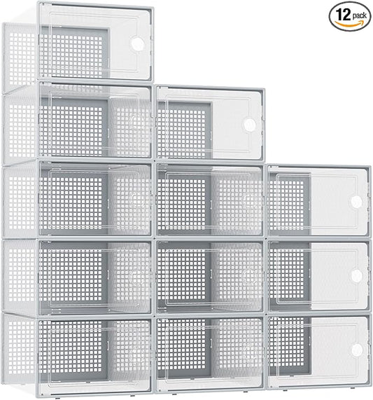 Kuject XX-Large Shoe Storage Boxes Organizers Clear Plastic Stackable 12 Pack, Shoe Rack & Holder Substitute, Sneaker Containers, Shoe Storage Organizer Bins for Closet, Under Bed, Grey(No Fold Line)