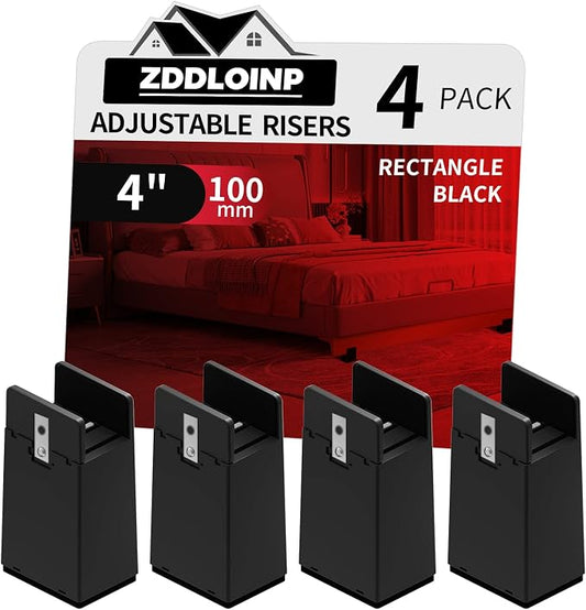 Bed Risers with Adjustable Screw Clamp, Fits Thickness of Furniture Frame from 0 to 1.5 Inch, Furniture Risers 4 Inch Heavy Duty Risers for Table Cabinet Support up to 5000lbs (4Pack, Black)