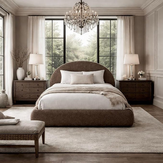 Round Bed – Washable Zip Cover - Upholstered Linen Soft Foam - Modular Minimalist Modern - Half Circle Moon - Sold Sold Separately (Brown Linen Premium, Twin Base)