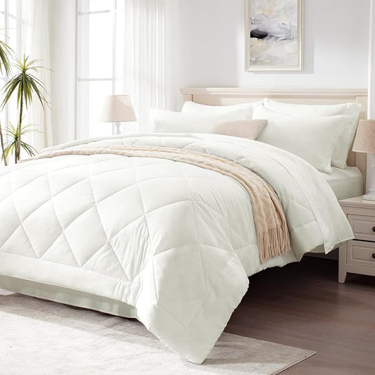 Love's cabin California King Comforter Set Ivory, 7 Pieces California King Bed in a Bag, All Season Bedding Sets with 1 Comforter, 1 Flat Sheet, 1 Fitted Sheet, 2 Pillowcase and 2 Pillow Sham | Soft, Breathable, Lightweight, Comfortable