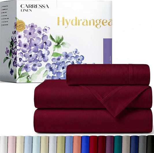 Carressa Linen 100% Egyptian Cotton Twin Sheets Set - 600 Series Hydrangeas Collection Egyptian Cotton Luxury Twin Sheets (3 PC, Burgundy), 16" Deep Pocket, Soft, Cooling, Sateen Weave Bedding