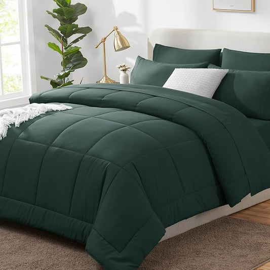 CozyLux Oversized King Comforter Sets Forest Green, 7 Pieces Bed in a Bag, Ultra-Soft All Season Bedding Sets with Stitch Quilted Comforter, Flat Sheet, Fitted Sheet, Pillowcases