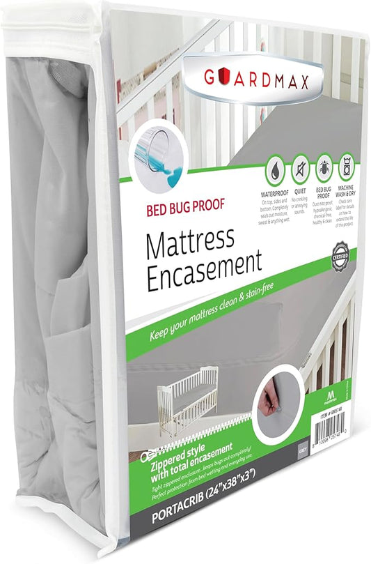 Guardmax Portacrib Mattress Encasement with Zipper, Waterproof, Bed Bug Proof, Dust Mite Proof Mattress Protector for Portacrib Bed up to 3" Deep, Zippered All Around Jersey Knitted Cover