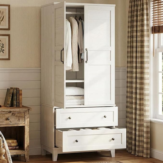 IDEALHOUSE Armoire Wardrobe Closet with 2 Drawers, 72" Tall Wooden Clothing Wardrobe with Hanging Rod & DIY Adjustable Shelf, Heavy Duty Bedroom Armoire Storage Cabinet with Doors, Rustic White