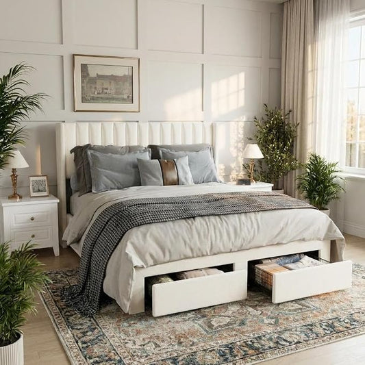 GAOMON King Size Upholstered Platform Bed Frame with 2 Under-Bed Storage Drawers, Velvet Wingback Headboard, No Box Spring Needed, Sturdy & Noise-Free, Cream White