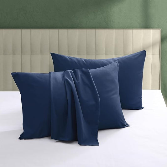 100% Egyptian Cotton Pillow Protectors Set of 4, 600 Thread Count King Size Bed Pillow Cases with Zipper, Sateen Weave Cooling Pillow Cases Quiet and Breathable Easy Care (4PCS, King, Navy Blue)
