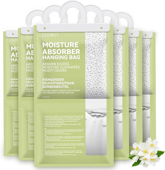 CLEVAST Moisture Absorbers Packets - 15.2 OZ, 6 Pack Large Dehumidifier Bags for Closet, Hanging Humidity Absorber in Wardrobes, Bedrooms, Bathrooms - Jasmine Scented