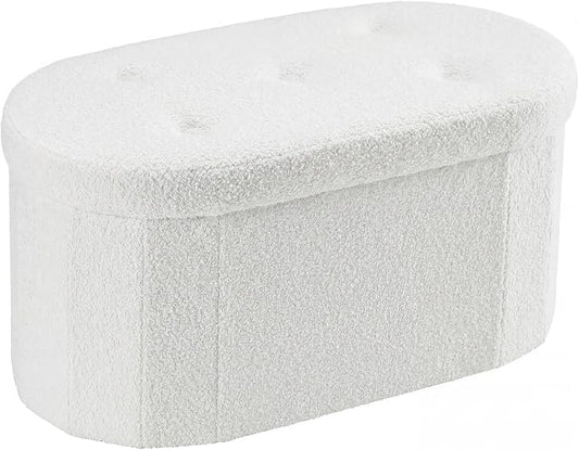 DUMOS Folding Storage Ottoman Bench, Oval Round Ottoman End of Bed Foot Rest Bench Stool with Cushion, Storage Chest for Bedroom, Living Room, Entryway, Dorm, Teddy Fabric, White