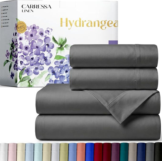 Carressa Linen 100% Egyptian Cotton Full Size Sheets - 600 Series Hydrangeas Collection Full Size Egyptian Cotton Sheets (4 PC, Dark Grey), 16" Deep Pocket Sateen Weave Luxury Hotel Bed Sheet Set