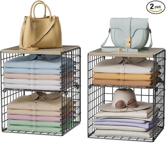 4-Tier Stackable Closet Organizers and Storage, Adjustable Dividers & Wood Top Storage Shelves for Clothes, Wardrobe & Closet Storage Basket Bins/Cube, Space-Saving Closet Organizer System, Black