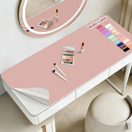 Makeup Mat for Vanity to Protect Desk Top 31.5 x 11.8 in, Dual-Sided Makeup Mat, Easy to Clean Desk Pad - Waterproof and Oilproof Vanity Accessories (Pink and Silver)