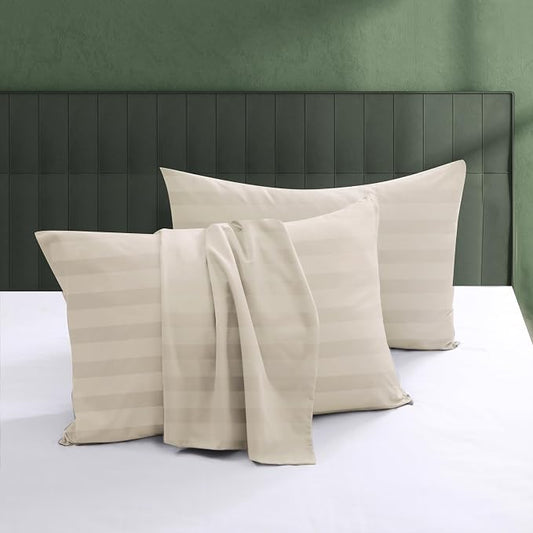 100% Egyptian Cotton Pillow Protectors Set of 2, 600 Thread Count Queen Size Bed Pillow Cases with Zipper, Sateen Weave Cooling Pillow Cover Quiet and Breathable Easy Care (2PCS, Stripe-Beige)