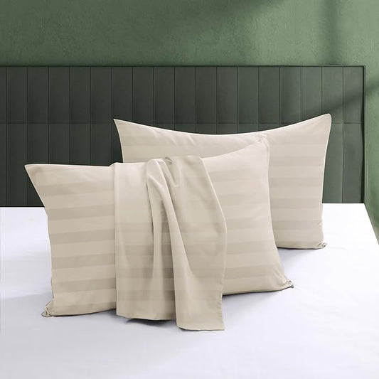 100% Egyptian Cotton Pillow Protectors Set of 4, 600 Thread Count Queen Size Bed Pillow Cases with Zipper, Sateen Weave Cooling Pillow Cases Quiet and Breathable Easy Care (4PCS, Stripe-Beige)