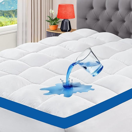 CYMULA Full Size Mattress Topper Waterproof, Thick Mattress Pad Cover, Cooling Pillow Top Mattress Topper with 8-21 Inch Elasticated Pockets, Firm Plush Down Alternative Fill Mattress Protector