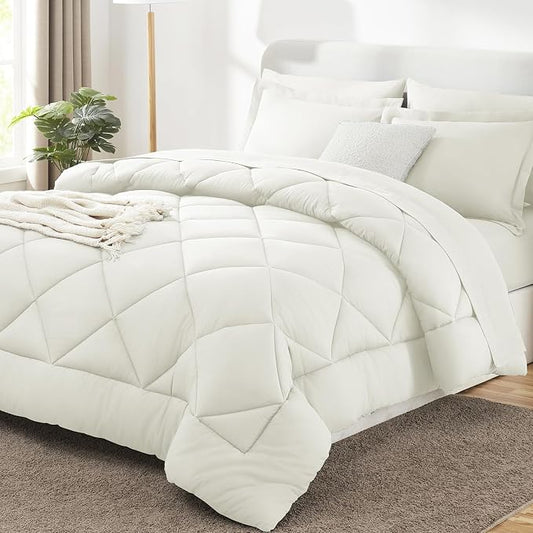 CozyLux Full Size Comforter Sets Ivory - 7 Pieces Bed in a Bag Full, Luxury Soft Bed Set for All Seasons, Bedding Set with Down Alternative Comforter, Sheets, Pillowcases & Shams