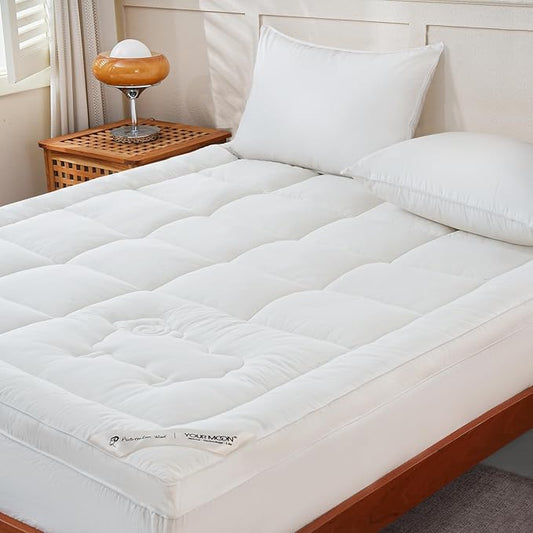 YOUR MOON 100% Wool Mattress Topper Full Size, 800GSM Natural Wool Filling, Thick Pillow Top Mattress Pad, Back Pain Relief Bed Topper with Cotton Cover, 16" Deep Pocket, 54"x75" (White)