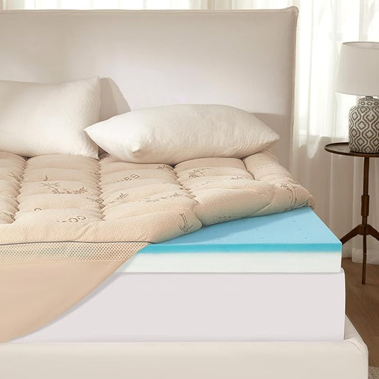 BEDLORE 4 Inch Memory Foam Mattress Topper Twin XL,2-in-1 Dual Layer Design (2" Gel Memory Foam + 2" Plush Pillow Top Cover) Mattress Topper Medium-Firm,Pressure Relief & Back Pain Support(Beige)