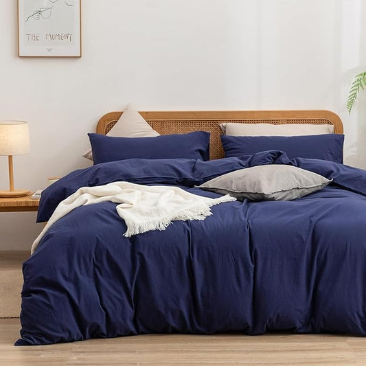 BESTOUCH Duvet Cover Set 100% Washed Cotton Linen Feel Super Soft Comfortable Chic Lightweight 3 PCs Home Bedding Set Solid Navy Blue Full/Double