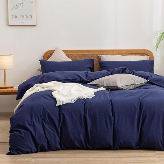 BESTOUCH Duvet Cover Set 100% Washed Cotton Linen Feel Super Soft Comfortable Chic Lightweight 3 PCs Home Bedding Set Solid Navy Blue King