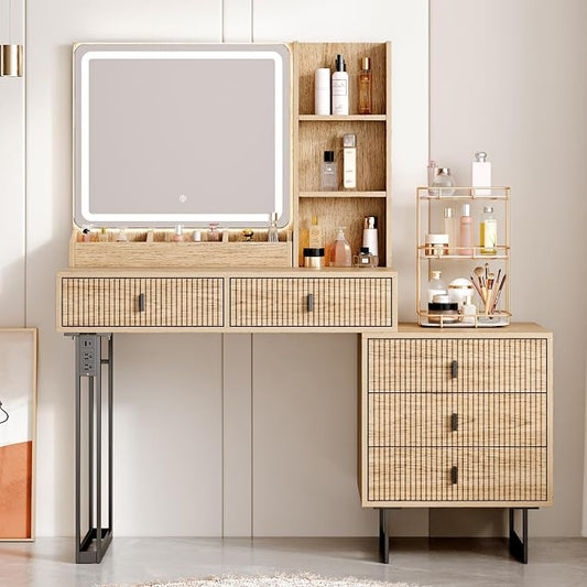 Large Vanity Desk with 3 Color Touch Screen Dimming Mirror, Vanity Desk with Charging Station, Modern Retractable Makeup Dressing Table, Makeup Table With storage shelves and 5 Sliding Drawers, Oak